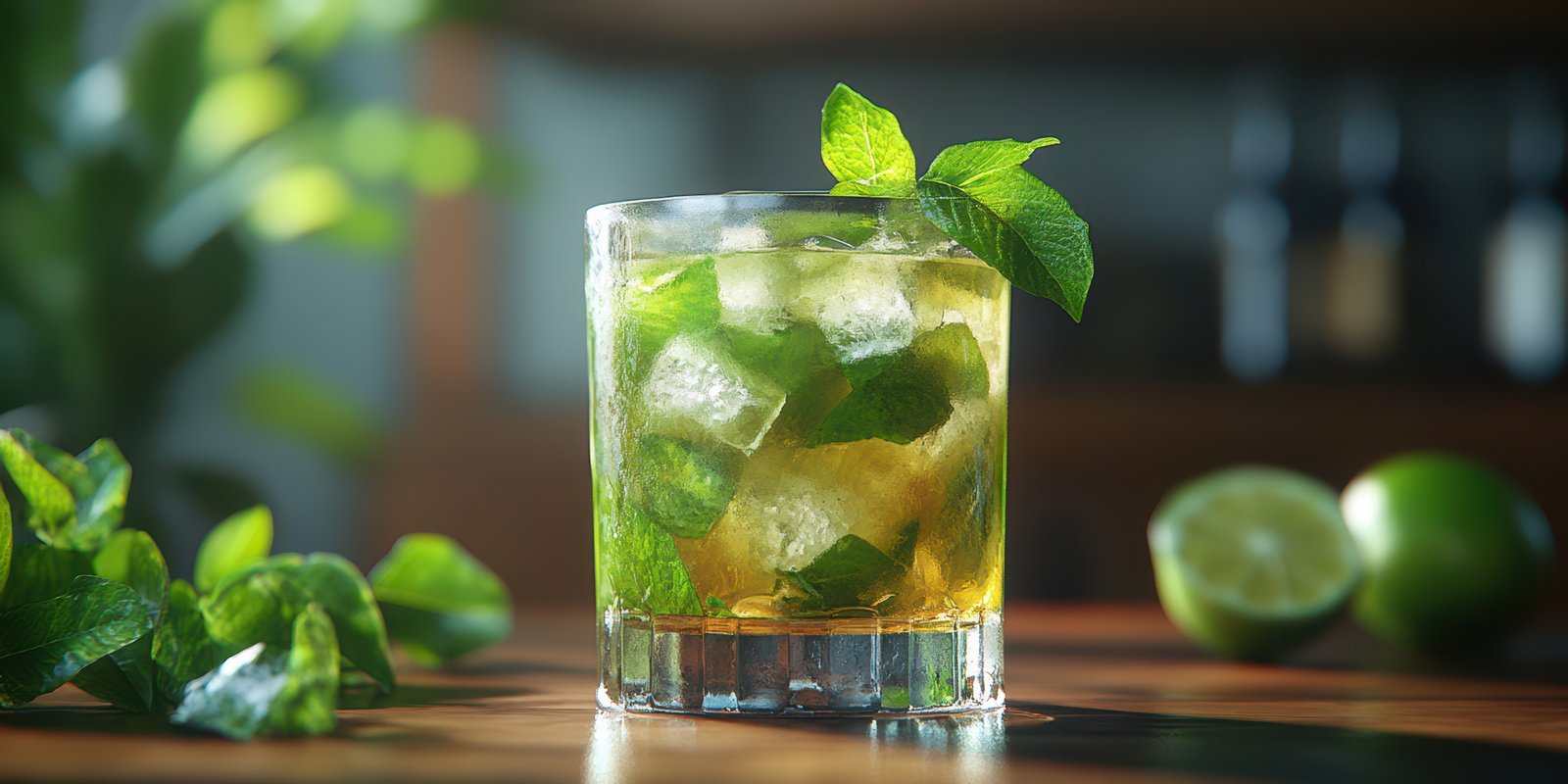 Refreshing mojito with fresh mint and lime served in a glass on wooden table with blurred background